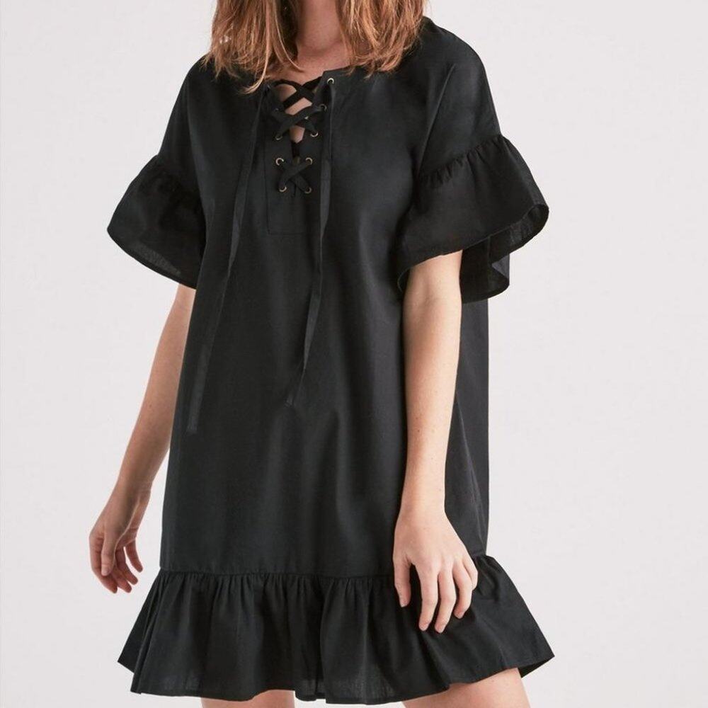 Lucky Brand Black Lace Up Ruffled Trim Black Dress Size Small